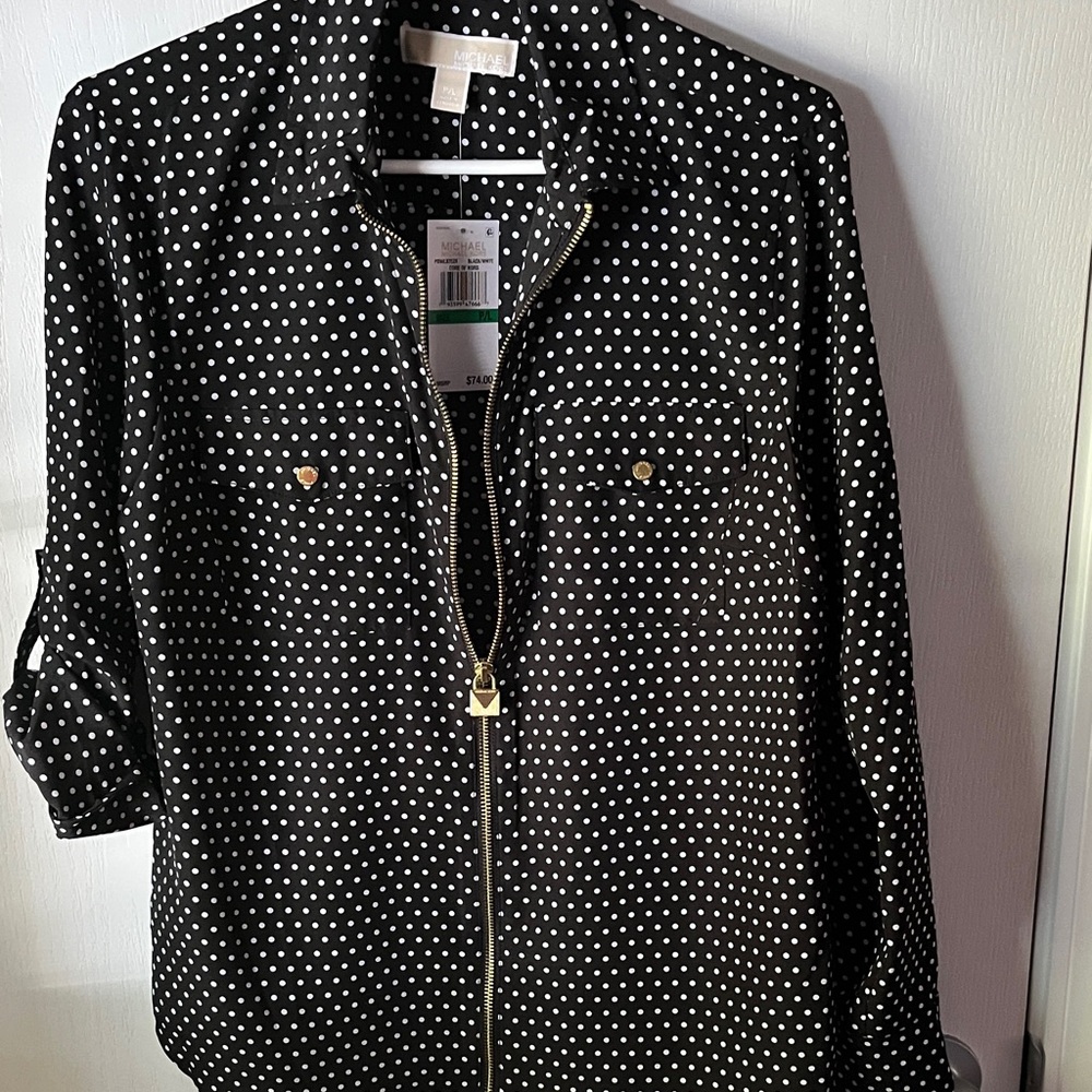 Michael Kors Black and White Polka Dot Button Down Shirt